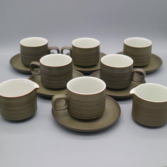 Denby Stoneware Olive Green Camelot Teacup & Saucer Set Pemberton Chevron Design - Picture 1 of 7